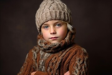 Portrait of a beautiful little girl in a warm knitted hat and scarf