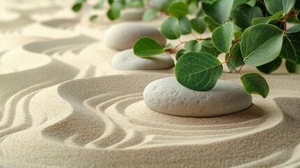 Obraz na płótnie Canvas Zen rock garden. Circle patterns and green leaves on beige sand
