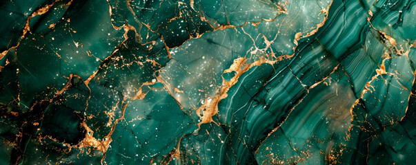 Green marble under scrutiny reveals a world of vibrant swirls. Each pattern, a signature of nature’s artistry, weaves a rich tapestry of elegance. Banner. Copy space. - obrazy, fototapety, plakaty