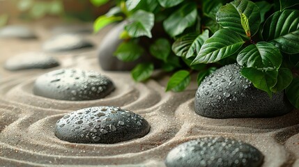 Obraz na płótnie Canvas Zen rock garden. Circle patterns and green leaves on beige sand