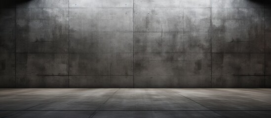 An empty room with a concrete floor and wall, resembling the tints and shades of a grey monochrome photograph, under a cloudy sky - obrazy, fototapety, plakaty