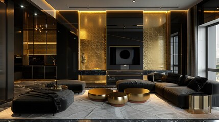 A luxury black and gold home interior with a neon color palette, using bright and bold hues