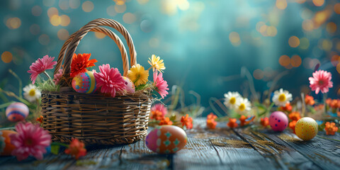 Easter basket with colored eggs and flowers on it and sky blue and golden lights blurred background and wallpaper for Easter celebration concept Easter Basket Close Up easter holiday theme
   