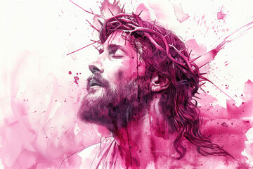 Pink splash watercolor sketch painting of the face of Jesus Christ - obrazy, fototapety, plakaty