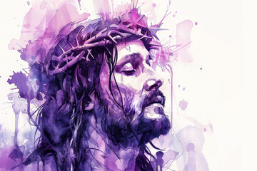 Fototapeta premium Purple splash watercolor sketch painting of the face of Jesus Christ