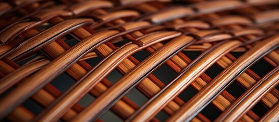A close up of a wicker basket with a striped pattern, resembling a mix of wood and metal circles, creating a unique design