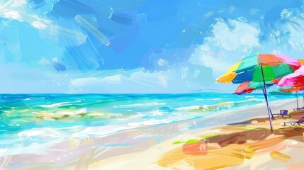 Fototapeta na wymiar Tropical Beach Paradise with Vibrant Umbrellas AI Generated.