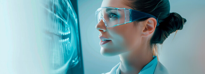 Transparent futuristic interface with holographic brain and neural networks, a person in silhouette in a data-driven environment, perfect for banner and copy space.