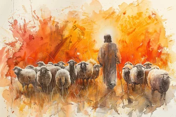 Fotobehang Orange splash watercolor painting of Jesus Christ grazing sheep © Ema