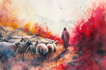 Red splash watercolor painting of Jesus Christ grazing sheep