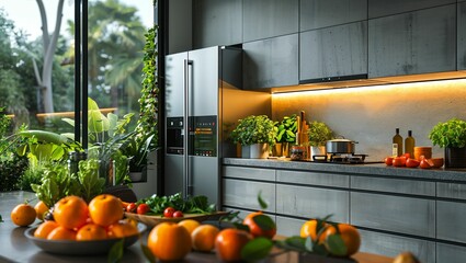 AI-driven smart kitchen appliances, enhancing culinary experiences with voice commands and energy efficiency, in a sleek kitchen setting