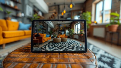 Augmented reality application for interior design, showing a user customizing room decor using a tablet, in a modern living space