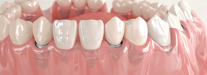 Cross-section of dental implants in the jaw, illustrating the placement and osseointegration process.