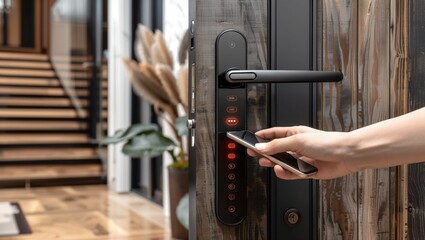 Fototapeta na wymiar Smart lock technology on a front door, demonstrating security and remote access features, in a contemporary home entrance