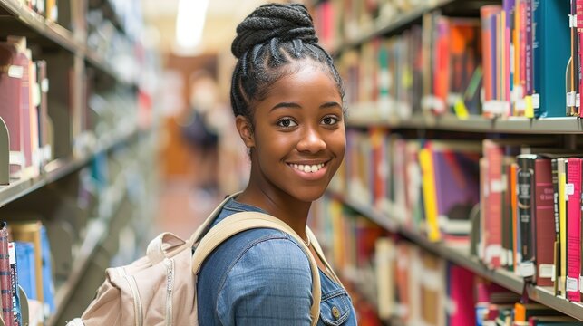 Smiling young woman with books and backpack between library shelves. ai generated image