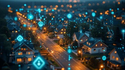 Smart meter and smart grid technology in a residential area, illustrating sustainable energy management and real-time usage data