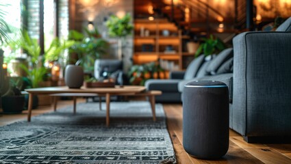 Digital assistant providing lifestyle and scheduling assistance on a smart device, set in a dynamic, modern living space