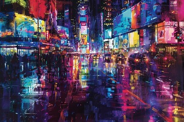 An abstract painting depicting the vibrant colors of a bustling cityscape at night, with neon lights reflecting off wet streets