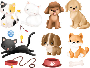 Watercolor Illustration set of Cute Cats and Dogs