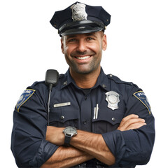 Cheerful male police officer with crossed arms, wearing a uniform and cap. png file of isolated cutout object without shadow on transparent background.