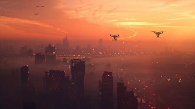 Two drones hover over a city at dawn, capturing the essence of modern urban life and technology.