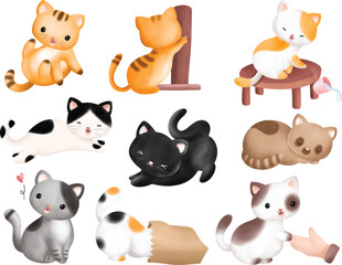 Watercolor Illustration set of Cute Cats