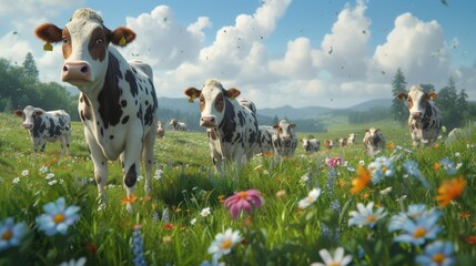 Herd of dairy cows grazing in a meadow full of wildflowers under a sunny sky.