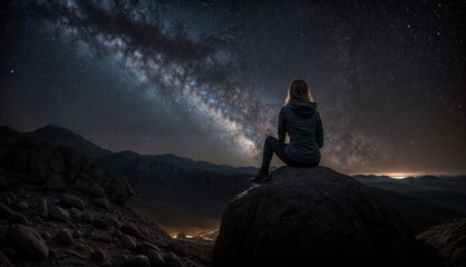 Woman sitting on a rock looking at the milky way galaxy.