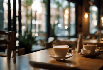 Empty wood table with people meeting in cafe working space restaurant with bokeh light background stock video