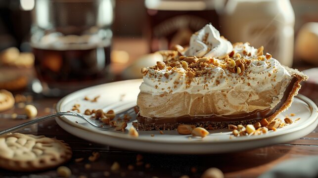 Generative AI image of a slice of peanut butter pie with whipped cream topping and crushed peanuts, served on a plate with a background setting of a beverage and cookies generative ai
