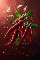 Hot chili peppers on a red background, falling in the air. 