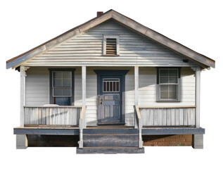Classic American bungalow home with a front porch and weathered wood siding. png file of isolated cutout object without shadow on transparent background.