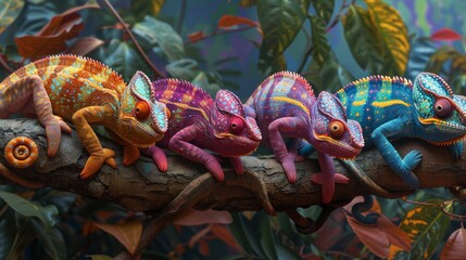 Colorful chameleons in a row, blending with the lush background.
