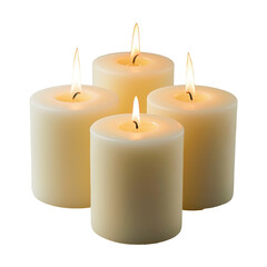 Fototapeta na wymiar Four white pillar candles with lit flames. png file of isolated cutout object without shadow on transparent background.
