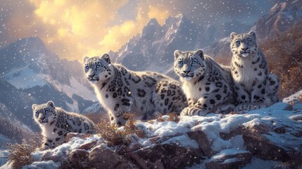 Snow leopards on a rocky outcrop in a snowy mountain landscape.
