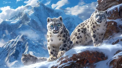 Afwasbaar fotobehang A display of photorealistic snow leopards, each with piercing blue eyes, camouflaged against a snowy mountainous backdrop. Two snow leopards standing in a mountainous snow-covered terrain. © Liana