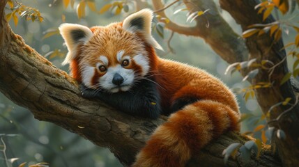 A gallery of photorealistic red pandas, their whimsical faces and auburn fur detailed against a serene backdrop of Himalayan forests.  Red panda reclining on a tree in a lush habitat. - obrazy, fototapety, plakaty