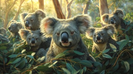 Fototapeta premium Koalas amidst the foliage, capturing their peaceful demeanor in a lush setting.