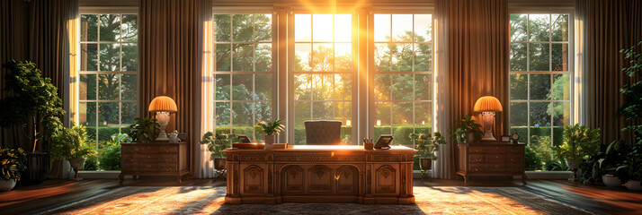 Secretary desk of the office of the president,
Luxury classic interior of home library. Sitting room with bookshelf, books, arm