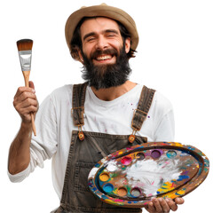 Joyful male artist with paintbrush and palette. png file of isolated cutout object without shadow...