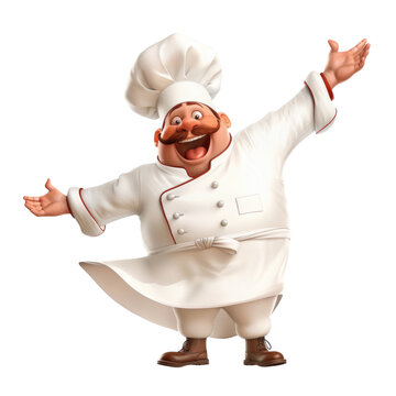 Cartoon chef with a mustache in a welcoming pose. png file of isolated cutout object without shadow on transparent background.