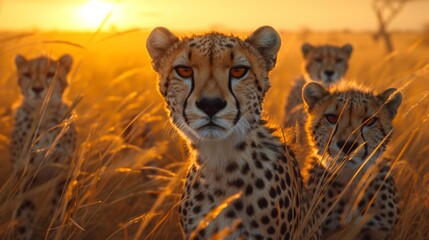 A family of cheetahs alert in the savanna at dusk, showcasing their wild beauty and unity. - obrazy, fototapety, plakaty