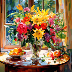 bouquet of assortment of fresh flowers comprises roses, margaret daisies, carnations, defodils, tulips, phoenix, ferns, nephrolepis ferns, with assortment of fruits created with Generative Ai