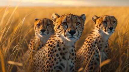 Cheetahs surveying the grasslands at sunrise, capturing the essence of the African savanna. - obrazy, fototapety, plakaty