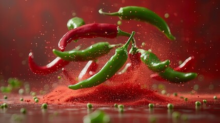Hot chili peppers on a red background, falling in the air. 