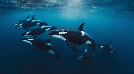 Orcas dive through ocean depths, showcasing the dynamic and mysterious underwater world. - obrazy, fototapety, plakaty