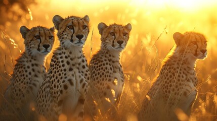 A quartet of cheetahs in golden savanna grass at sunset, epitomizing speed and stealth.