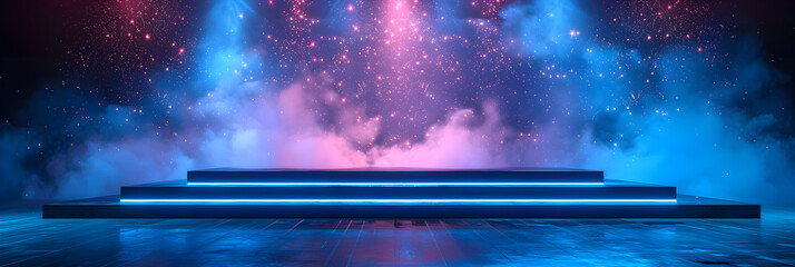  Futuristic background of a stage with blue light,
A stage with a fire on it and a stage with lights in the background.
