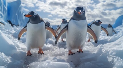 Obraz premium Penguins stride through icy terrain with blue glaciers in the background, embodying polar life.