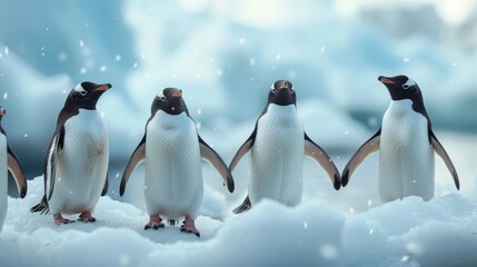 A group of penguins on a snowy landscape, representing wildlife in the polar region. - obrazy, fototapety, plakaty